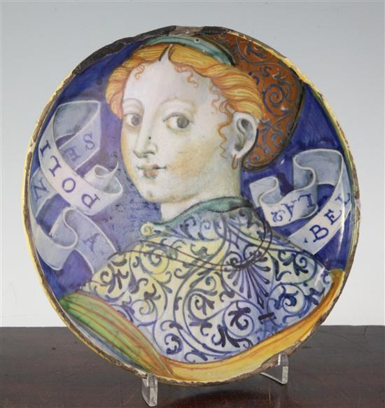A Castel Durante maiolica Bella Donna dish, first half 16th century, diameter 23cm, losses and damage